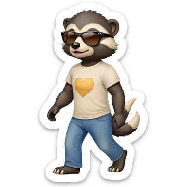 friendly anthropomorphised honey badger in jeans and a t-shirt, wearing sunglasses, walking upright, relaxed pose sticker