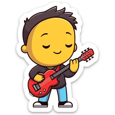 Musician's head and shoulders only, confident facial expression with half-closed eyes, subtle knowing smile, rockstar appearance, contemplating future success, no instruments sticker