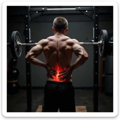 realistic photo of a crossfit athlete during weightlifting exercise, stopping due to back pain, hand on lower back, visible muscles, intense atmosphere, gym background sticker