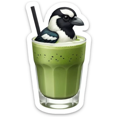  ONE Australien Magpie (just black and white feathers) sitting on an iced matcha latte on the edge of the glass. It has green matcha on its beak indicating it drank. The iced matxha latte is in a see through glass and white from the oat milk on the bottom and green on top… one straw and ice cubes sticker