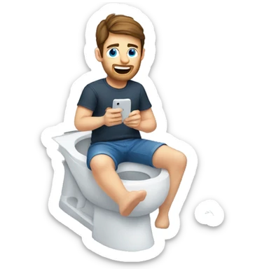 White man with brunette hair and blue eyes sitting on the toilet holding a phone sticker