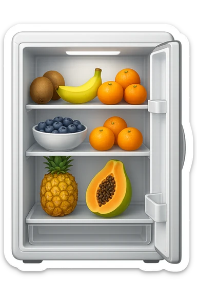 emoji stile iphone di un frigo aperto con dentro ben visibili questi alimenti: Kiwi
Banana acerba
Arance e mandarini
Mirtilli
Ananas
Papaya
IPERREALISTICO 4K sticker