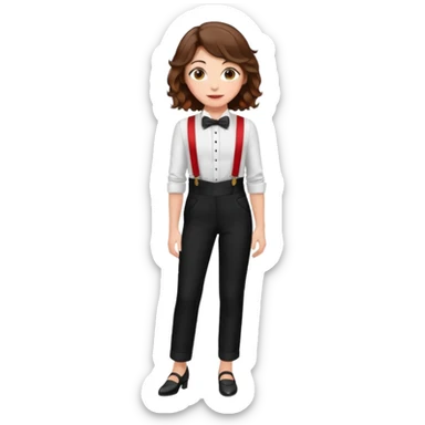 Woman with wavy brown hair and hazel eyes wearing black tuxedo pants with red suspenders sticker