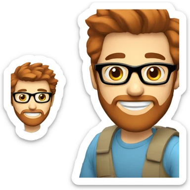 happy men with blue eyes, brown hair and red beard with glasses coding on computer sticker