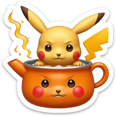 Un Pikachu rouge qui et triste avec des éclairs en fond et il a fait caca et pipi dans un pot orange et une montagne derrière  sticker
