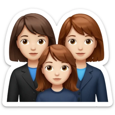 Two girls and a boy. Girl one has long, wavy, light to reddish-brown hair with bangs. Girl two has a dark-colored bob haircut. The boy has wavy, tousled, light to reddish-brown hair with a right side parting.
 sticker