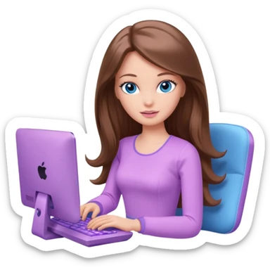 beautiful barbie girl with long brown hair, blue eyes and wearing light purple clothes playing computer games sticker