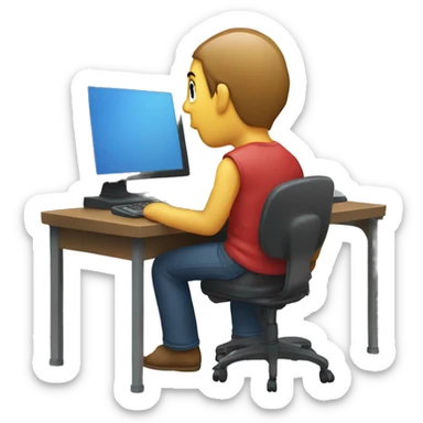 a person editing on a computer, viewed from behind. The person should be seated at a desk, with a computer screen in front of them displaying indistinct editing tools or a timeline.  sticker