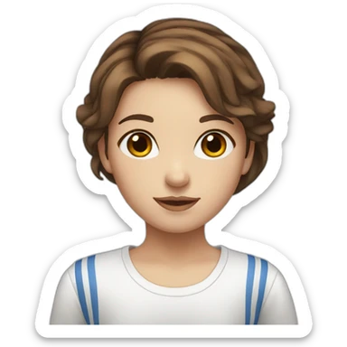 Girl with brown eyes and brown hair and white shirt with blue stripes sticker