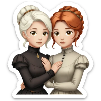 Two Victorian women with light eyes standing close together, one with bright pure white coiffed hair and one with dark copper coiffed hair, both wearing Victorian turtleneck dresses with their arms wrapped tightly around each other sticker