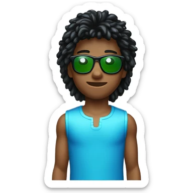 Niño con mullet shagy, pelo negro, ojos grandes y negros, nariz normal. Gafas Y2K (de tecno) grandes con los cristales azules y la montura verde sticker