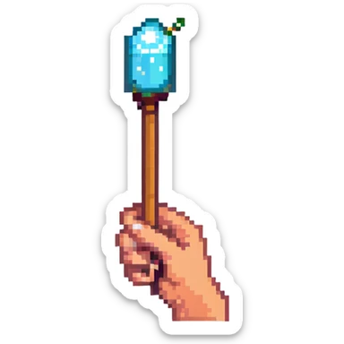 a magic wand and a hand, pixel art style sticker