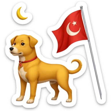 A triangular yellow flag and middle of that flag a red crescent moon within that a Red dog sticker