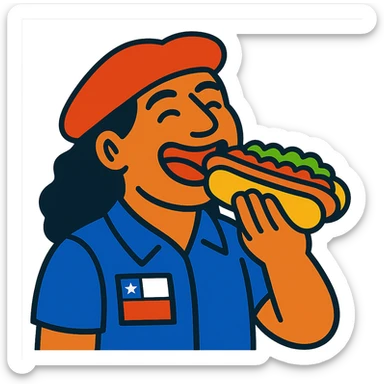 vibrant toon style of a Chilean person happily eating a completo hot dog sticker