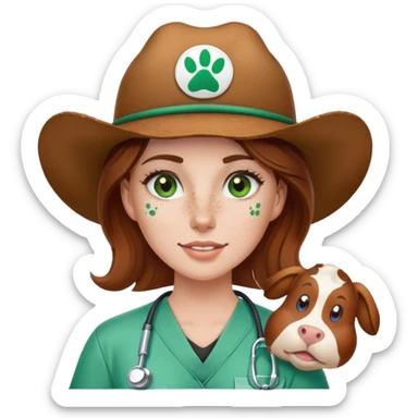 Pale Woman with brown hair and green eyes and freckles on her cheek bones wearing scrubs that have a paw print logo on only the scrubs  and a cow girl hat sticker