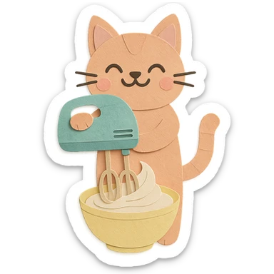 pastel electric whisk cat, spinning cream with a joyful face, full-body sticker