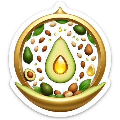 Floating aura in the shape of a golden and jade green drop, with bright icons of avocado, nuts, olive oil and ethereal fish spinning in a circle, surrounding a warm heart and illuminated brain, wrapped in a soft glow of protection and stable energy sticker