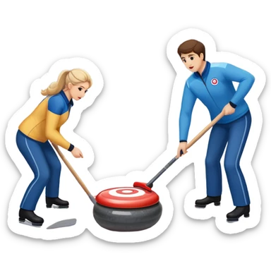 An icon showing a curling stone sliding across an icy rink toward the target, with sweeping players in action. The scene includes spectators, bright arena lights, and national flags, set against a clean, winter-themed background. Transparent background captures the focus and strategy of curling. sticker