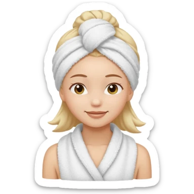 cute girl with her eyes closed and smiling, wearing a spa towel as her clothes in she has a spa towel on her hair sticker