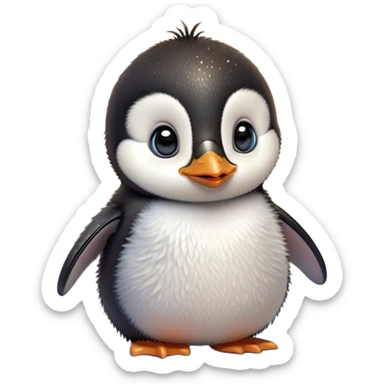 Cinematic Cute Baby Penguin Portrait Emoji, Head tilted playfully and inquisitively, with irresistibly fluffy plumage accented by a tiny beak and round, sparkling eyes filled with wonder, Simplified yet irresistibly adorable features, highly detailed, glowing with a warm, friendly polar glow, high shine, affectionate and lively, stylized with a touch of whimsical charm, bright and endearing, soft glowing outline, capturing the essence of a mischievous yet loving penguin that feels like it could slide out of the screen into your arms! sticker