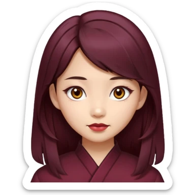 asian girl, long dark burgundy brown hair, hazel brown eyes, half lidded eyes, wolfcut hairstyle sticker