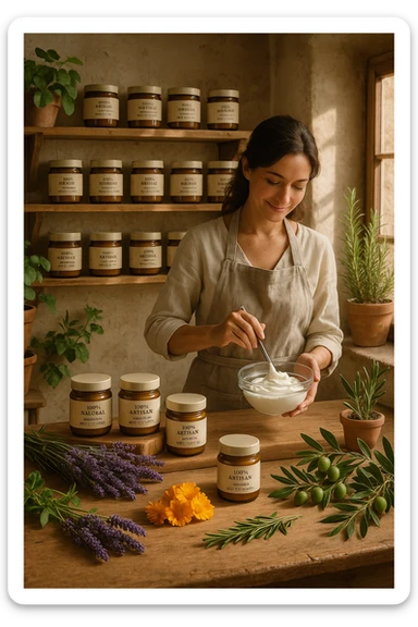 A realistic, high-quality photo of a small artisan skincare laboratory in Italy, with wooden shelves displaying beautifully packaged glass jars of natural creams made with herbal and botanical extracts, olive oil, and essential oils, clearly labeled ‘100% Natural’ and ‘Artisan Made in Italy’. The scene includes a bright, sunlit rustic workspace with plants, fresh lavender, rosemary, calendula flowers, and olive branches on the wooden counter, symbolizing purity and nature. A female artisan in a linen apron is carefully mixing creams in a glass bowl, smiling softly. The environment feels warm, authentic, and eco-friendly, emphasizing the concept of handcrafted skincare without synthetic chemicals in italiano sticker