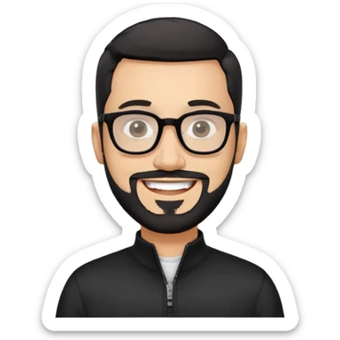 Light-skinned man with extremely short black hair, short clearly graying beard, big black glasses frames, happy smile, black long sleeve shirt with prominent zip at neck sticker