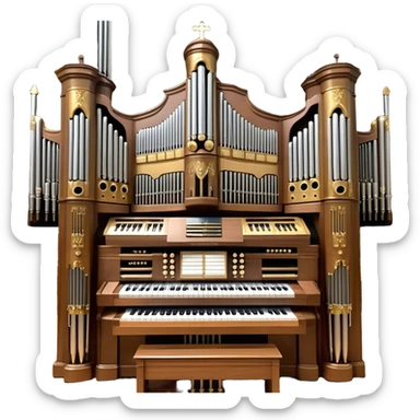 Create an elegant and majestic emoji representing a classical church organ. The emoji should feature the grand pipes of the organ in the background, with visible details of the keys and pedalboard in the foreground. The pipes should be tall and impressive, with a mixture of gold, silver, and metallic shades to emphasize the grandeur of the instrument. The keyboard and pedals should be well-defined, capturing the intricate craftsmanship of the organ. Use dark wood tones and gold accents for the body of the instrument to give it a rich, historic feel. Add subtle musical notes around the organ to evoke its deep, resonant sound. The background should be transparent. sticker