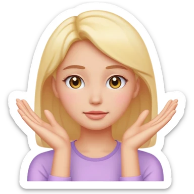 Emoji of glowing female face with hands on cheeks, skincare, pastel, flat, minimal sticker