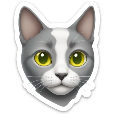 Gray-white cat with yellow-green eyes and a gray nose sticker