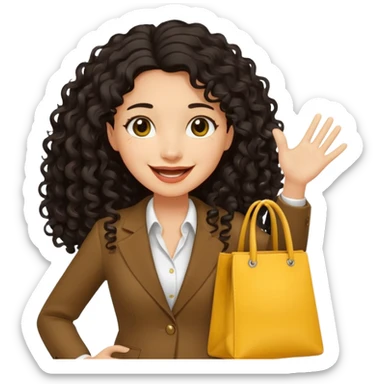 medium deep tan brown business woman with long black curly hair, waving hand with happy face with smile mouth and carrying bag on her shoulder and the other hand holding yellow tumblr sticker