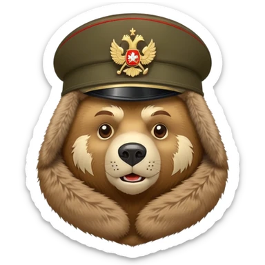 Cartoon Russian bear head wearing military style ushanka hat with Russian emblem, iOS emoji style sticker