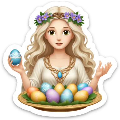 A beautiful goddess Eostre with flowing hair and spring flowers, holding Easter eggs and a Passover seder plate sticker