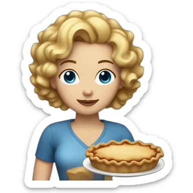 Woman with blue eyes and short curly blond hair holding an apple pie sticker