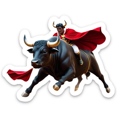 ​Cinematic Realistic black charging bull, against a matador depicted in a flowing red cape, captured in the dramatic moment of confronting a charging bull in a traditional bullring, rendered with dynamic motion and dramatic lighting that encapsulates the intensity and artistry of the spectacle, sticker