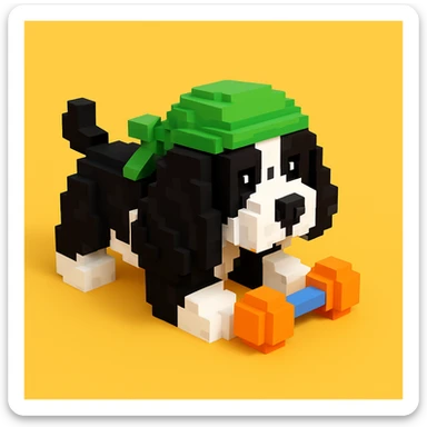 A black and white Russian Cocker Spaniel puppy wearing a green durag, voxel style, playing with a toy sticker