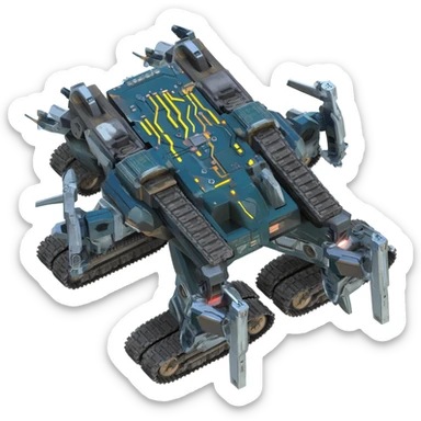 A top down view of an end level boss robot drone with tank track, in a cyber punk futuristic style far beyond what is currently available today, from the year 3000, the camera needs to be directly above the end boss robot drone looking down sticker