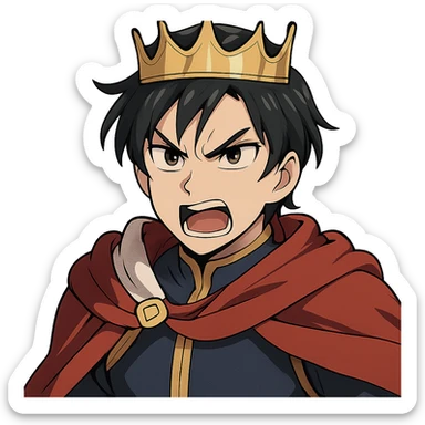 angry prince with golden crown, light skin, dark brown eyes, black hair, anime style sticker