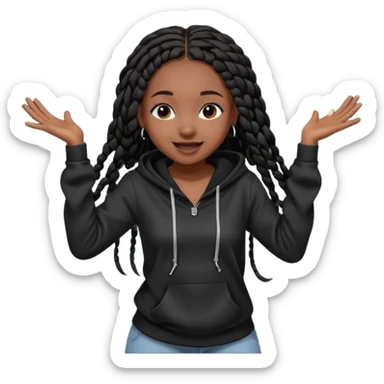 African American girl dark skin complextion long black box braids wearing plain black hoodie dancing sticker