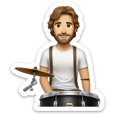 a longer brown haired man with a light beard sitting behind a drumset in a white t shirt and brown pants sticker