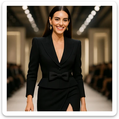 Make the woman smile while keeping her high-fashion look. Maintain thin eyebrows, straight dark hair, big lips, and a shapely figure. Preserve the overall elegance and style of the image. sticker