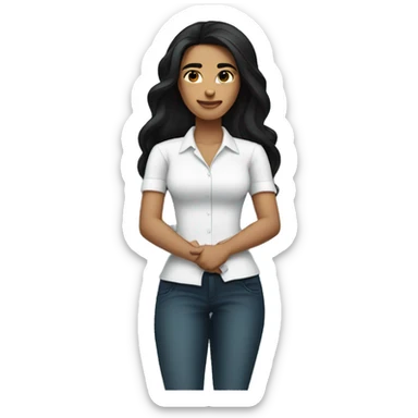 A woman with a confident expression, arms crossed, long black hair, wearing a bright white shirt, light skin tone
 sticker