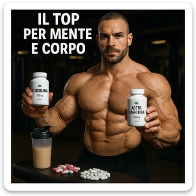 hyper realistic bodybuilder showing citicoline and acetylcarnitine bottles next to supplements, defined muscles, text 'Il top per mente e corpo', gym environment, motivational atmosphere sticker