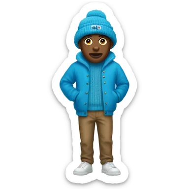 tyler the creator in a blue cardigan and a blue ushanka sticker
