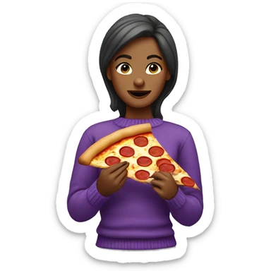 Woman eating a slice of pizza wearing a purple sweater sticker