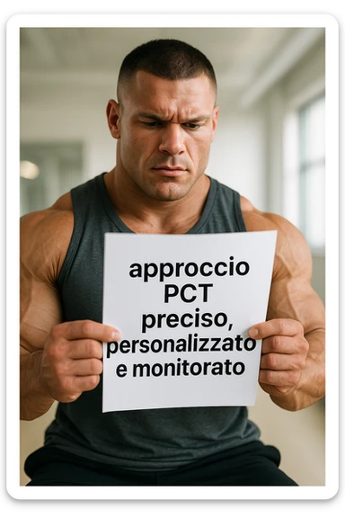 BODYBUILDER CHE LEGGE UN FOGLIO CON LA SCRITTA "approccio PCT preciso, personalizzato
e monitorato" sticker
