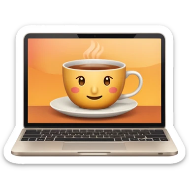 laptop with a neutral face on the screen, cup of tea beside it sticker