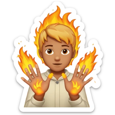 A boy with his entire hands made out of fire sticker