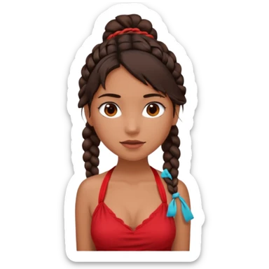 A tanned girl's face Over-the-shoulder messy braid dark brown hair with red halter top sticker