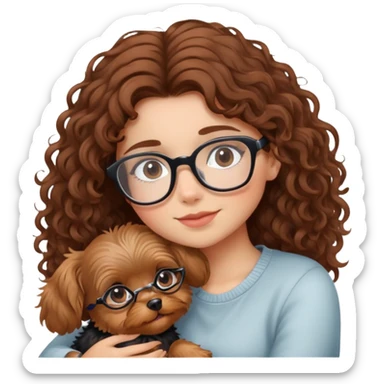 Girl with brown curly hair wearing glasses cuddling with a cute yorkie sticker
